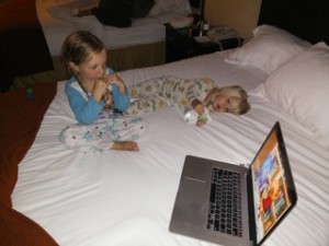 The girls kill time with Daniel Tiger while we wait for them to be tired enough to sleep